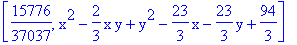 [15776/37037, x^2-2/3*x*y+y^2-23/3*x-23/3*y+94/3]